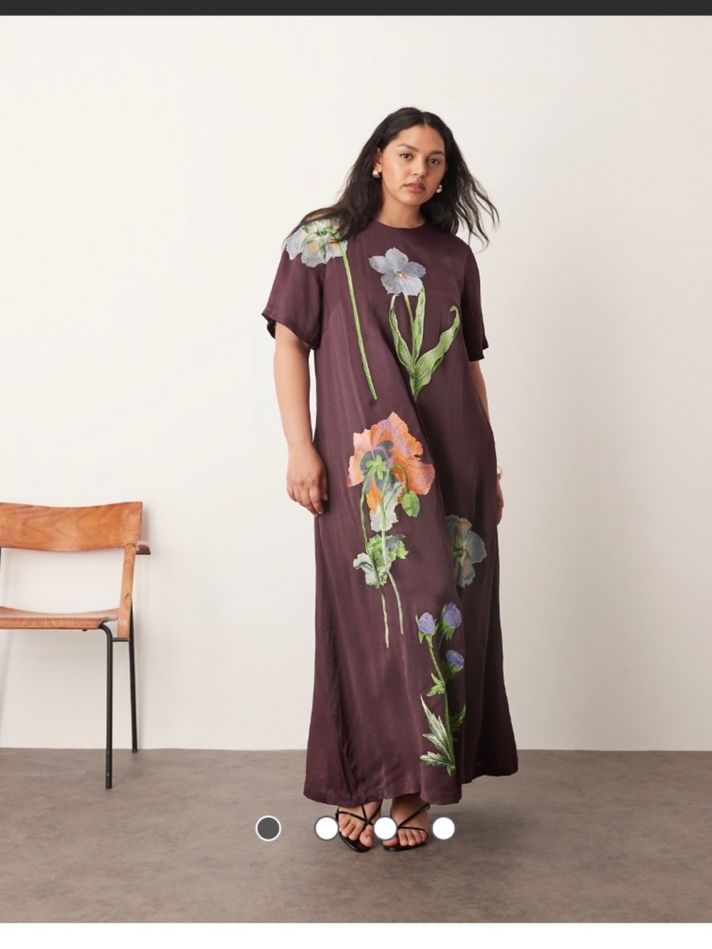 ARRANGE Curve satin floral embroidered t-shirt maxi dress in chocolate